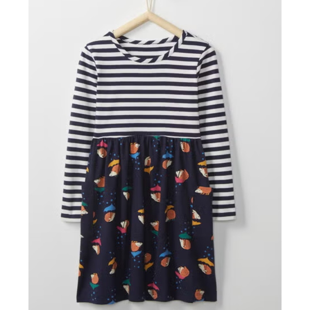 Hanna Andersson Mixie Dress Hedgehog Stripe Long Sleeve Pocket Girls Size 10